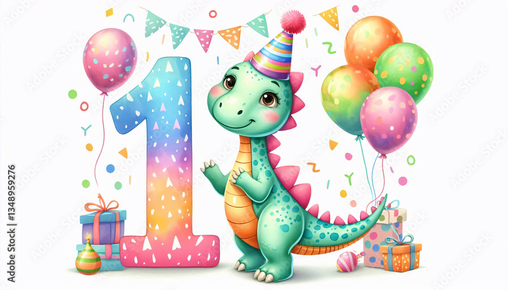 Obraz premium Adorable cartoon Parasaurolophus celebrating a child's first birthday with a bright and playful number 1 and festive balloons
