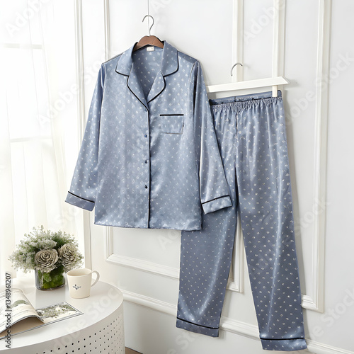 Luxury Satin Pajama Set Grey Polka Dot Sleepwear isolated on white background