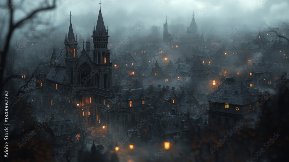 Fototapeta premium Dark Foggy Gothic City at Night
