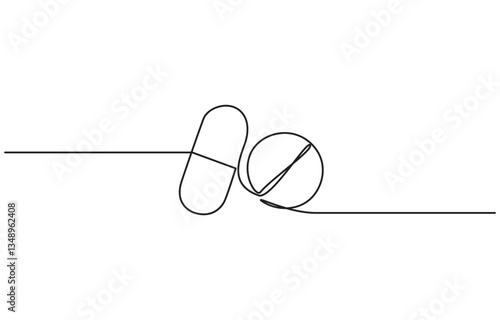 Continuous One Line Medicine Set with Pill Minimalist Healthcare Vector Illustration, Continuous one line of a medicine bottle with pills and capsules, hand drawn isolated on white background.