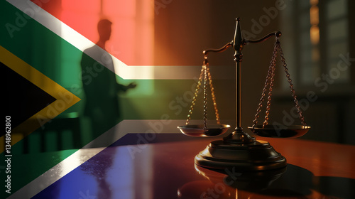 The scales of justice stand in front of the South Africa flag, symbolizing law, fairness, and the legal system. A concept of democracy and equality.