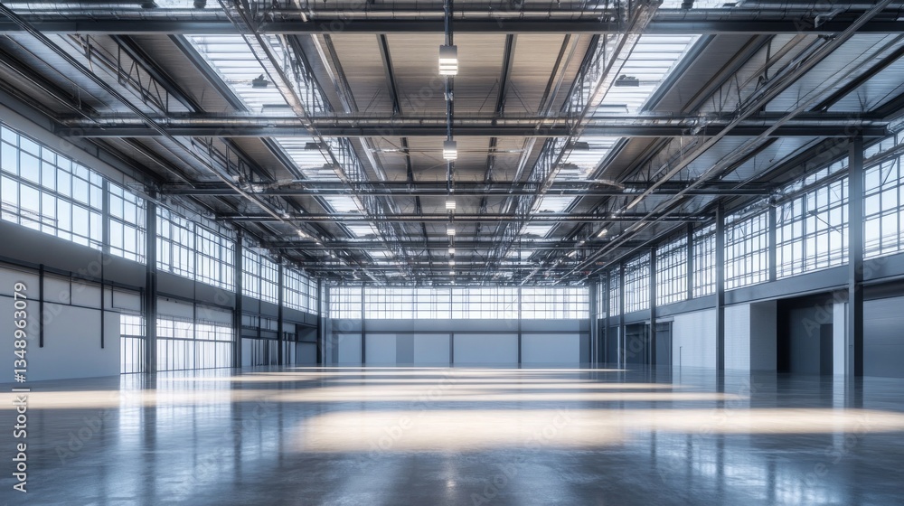 Spacious Warehouse Interior with Steel Framework and Natural Light Spacious Warehouse Interior with Steel Framework and Natural Light