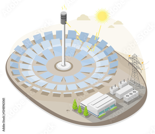 Concentrated Solar Power CSP Tower System with Heliostat Mirrors for Renewable Energy Generation isometric isolated