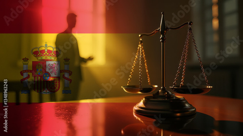 The scales of justice stand in front of the Spain flag, symbolizing law, fairness, and the legal system. A concept of democracy and equality.