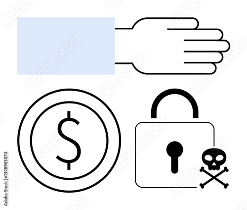 Free Download Hand extends palm, coin features dollar sign, padlock symbolizes protection, and skull warns of danger. Ideal for finance, security, risk management, safety fraud investment caution. Flat simple - GFXLoad