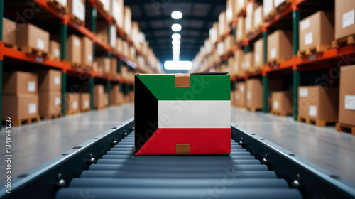 A package wrapped in the Kuwait flag moves on a conveyor belt inside a warehouse. Symbolizing logistics, global trade, and the efficiency of supply chains.