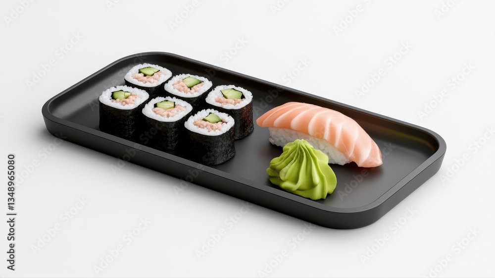 Elegant sushi platter with nigiri, maki, and wasabi on black tray, minimalist style. Elegant sushi platter with nigiri, maki, and wasabi on black tray, minimalist style.