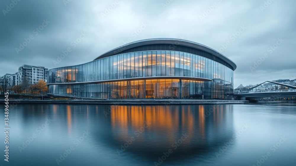 Obraz premium Modern Convention Center Reflecting on Calm River at Dusk