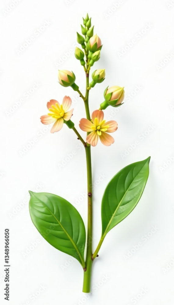 Naklejka premium Isolated stem with small flowers and leaves on white background, foliage, green, bloom