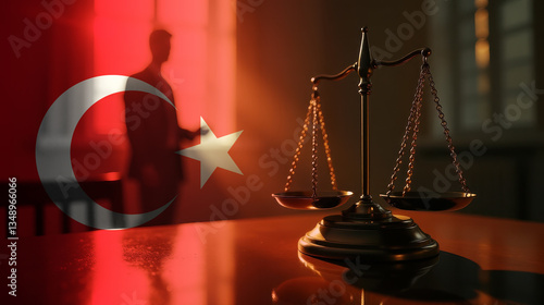 The scales of justice stand in front of the Turkey flag, symbolizing law, fairness, and the legal system. A concept of democracy and equality.