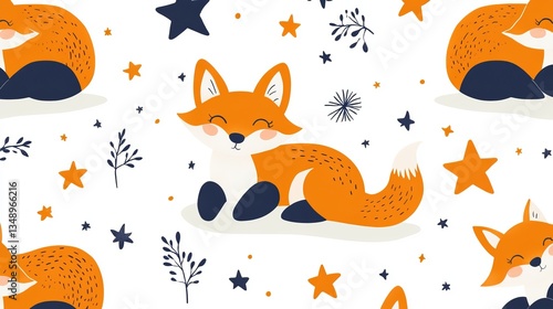 Charming Seam Pattern Featuring a Playful Fox Surrounded by Twinkling Stars Against a Cozy Background