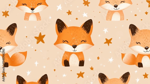 Charming Pattern Featuring Playful Foxes and Twinkling Stars Creating a Whimsical Dreamy Atmosphere