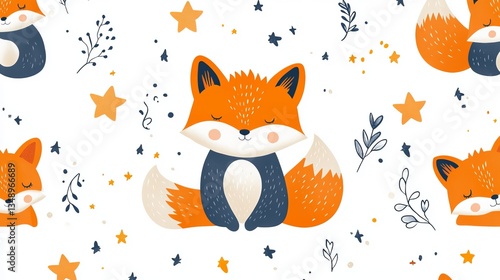 Charming Seam Pattern Featuring Playful Foxes and Twinkling Stars Creating a Whimsical Nighttime Scene