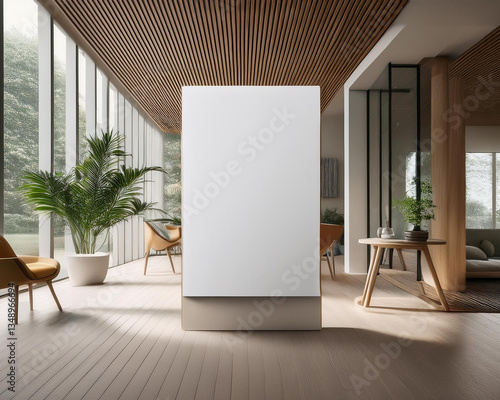 A realistic 3D model of a vertical banner advertisement in a modern setting.