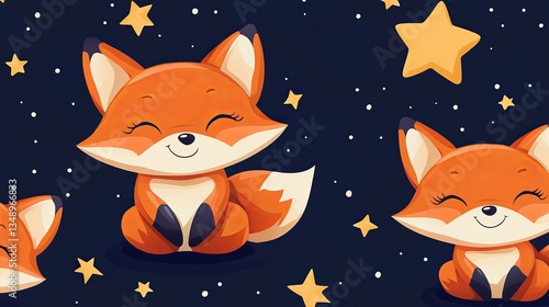 Three Playful Foxes Sitting Beneath a Starry Night Sky Creating a Magical and Whimsical Scene