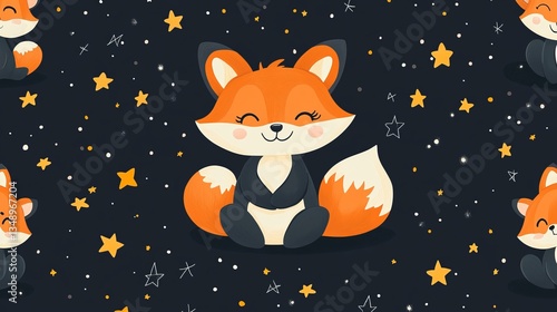 Charming Seam Pattern Featuring a Playful Fox Surrounded by Twinkling Stars in a Whimsical Design