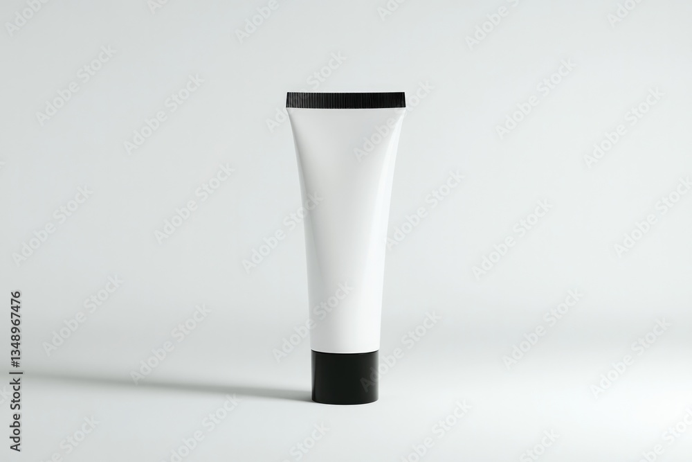 Minimalist design highlights smooth white tube with black cap, e Minimalist design highlights smooth white tube with black cap, e