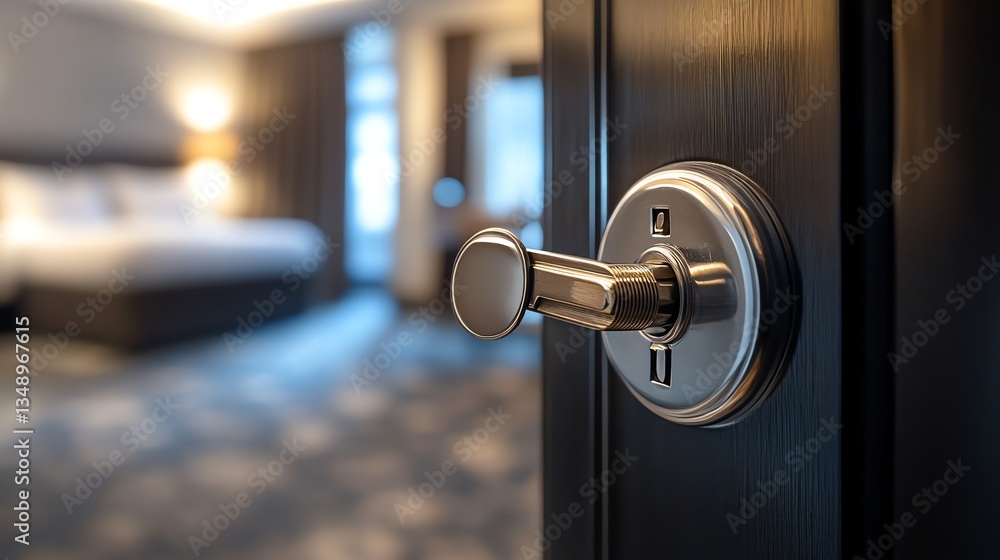 Opening Door Into Hotel Room with Comfortable Bed and Elegant Decor Opening Door Into Hotel Room with Comfortable Bed and Elegant Decor
