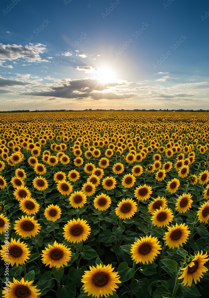 Obraz premium Vast Sunflower Field Sunset Golden Hour. AI Generated