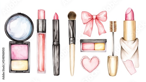 Watercolor makeup collection, illustrated cosmetics, feminine design