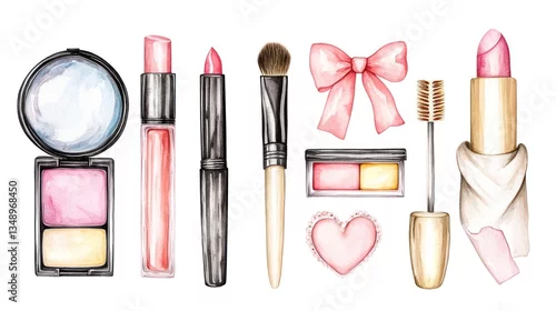 Obraz Watercolor makeup collection, illustrated cosmetics, feminine design