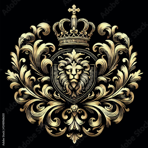 Ornate Royal Lion Crest with Golden Crown and Flourishes