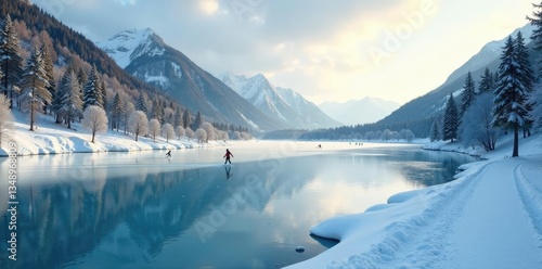 Frozen pond with skaters gliding across the surface, cold climate, natural wonder