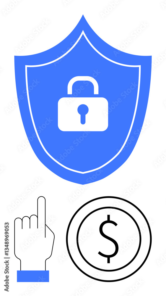 Shield with padlock symbolizing security, hand indicating interaction, and coin emphasizing financial safety. Ideal for data protection, online banking, cybersecurity, e-commerce, privacy, secure Shield with padlock symbolizing security, hand indicating interaction, and coin emphasizing financial safety. Ideal for data protection, online banking, cybersecurity, e-commerce, privacy, secure