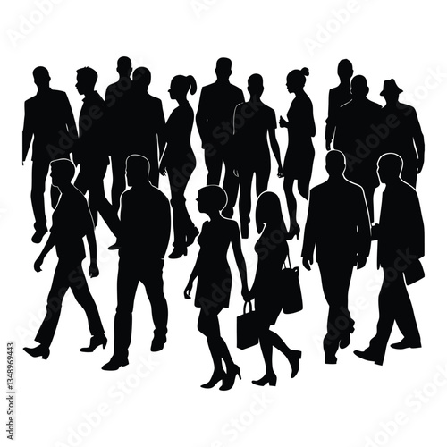 A crowd of walking people silhouettes, moving in various directions, creating a dynamic scene filled with motion, energy, and a sense of collective movement.