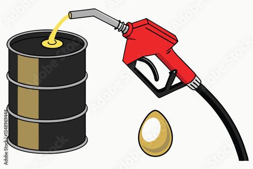 24 Red fuel pump nozzle, golden egg droplet, surreal energy concept, glossy surfaces, striking contrast, symbolic imagery, 3D rendering, clean background, environmental metaphor, oil dependency, alter