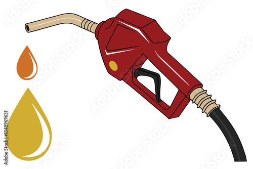 24 Red fuel pump nozzle, golden egg droplet, surreal energy concept, glossy surfaces, striking contrast, symbolic imagery, 3D rendering, clean background, environmental metaphor, oil dependency, alter