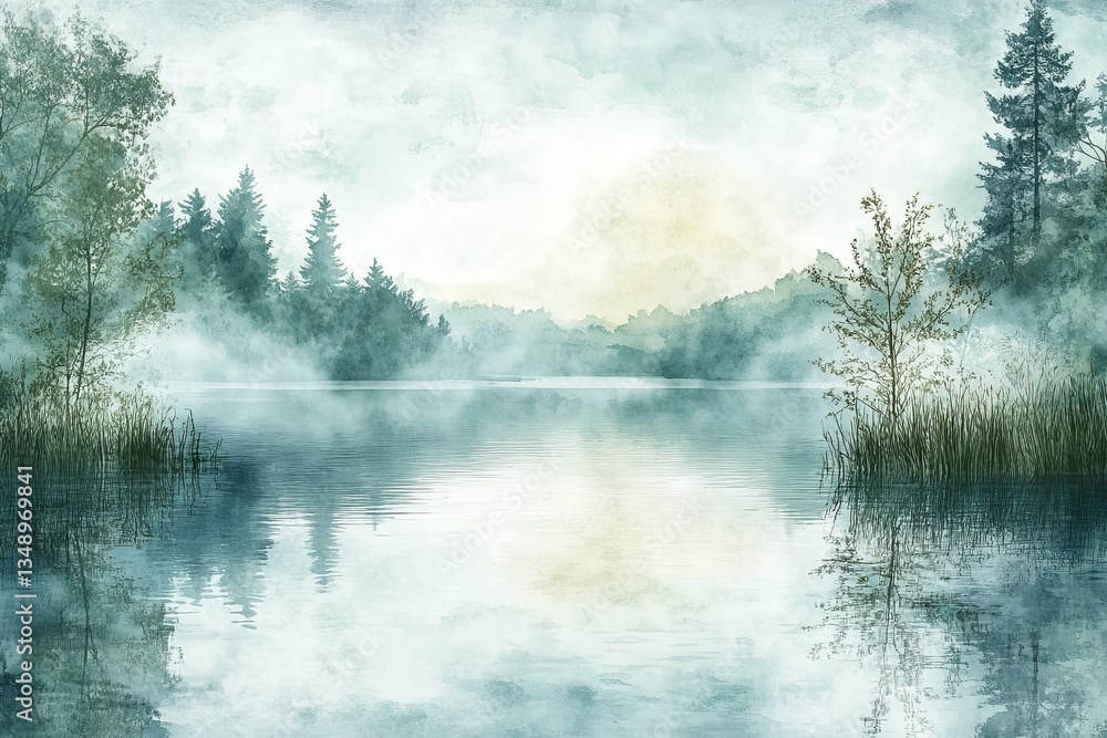 Calm lake reflects trees and distant hills on a foggy watercolor day Calm lake reflects trees and distant hills on a foggy watercolor day