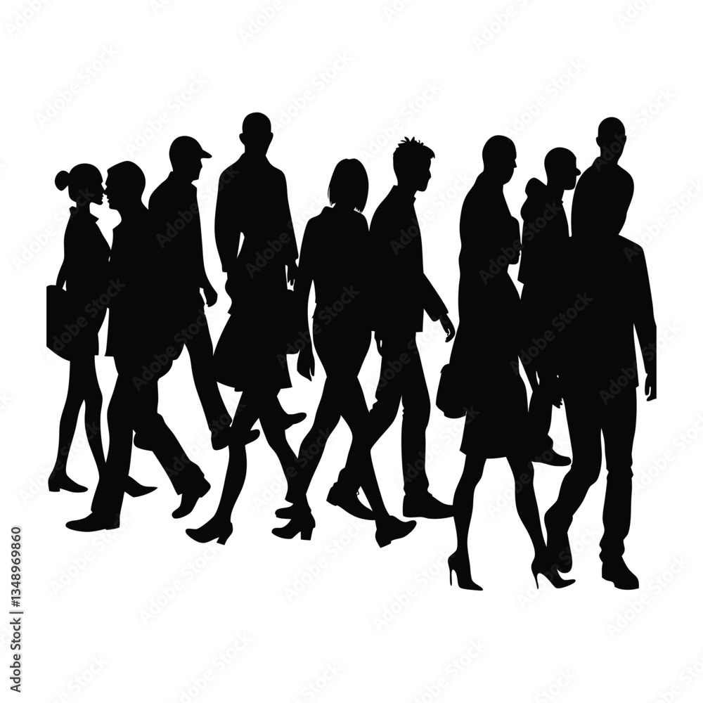 A crowd of walking people silhouettes, moving in various directions, creating a dynamic scene filled with motion, energy, and a sense of collective movement. A crowd of walking people silhouettes, moving in various directions, creating a dynamic scene filled with motion, energy, and a sense of collective movement.