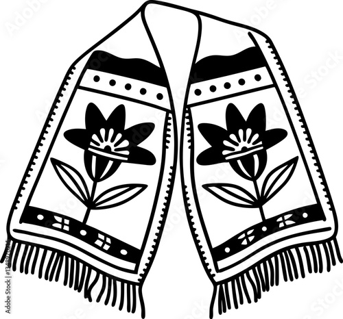 traditional floral patterned shawl design with fringes black and white decorative textile art motif