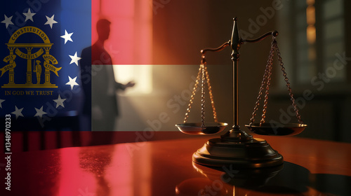 The scales of justice stand in front of the Georgia flag, symbolizing law, fairness, and the legal system. A concept of democracy and equality.
