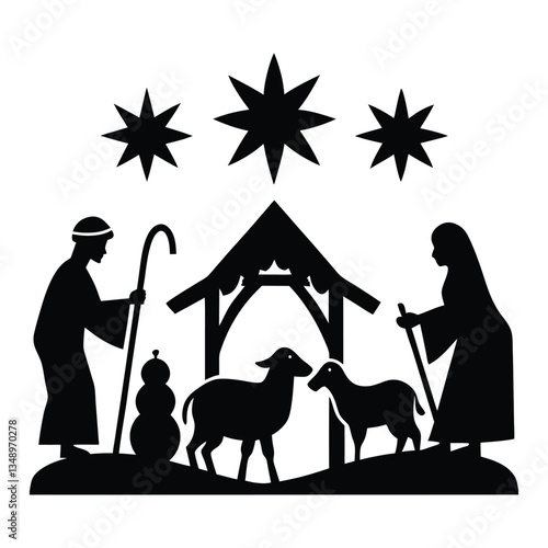 A nativity scene in silhouette features dark, shadowy figures of Mary, Joseph, and the baby Jesus, with a star above, set against a glowing night sky or a warm backdrop.