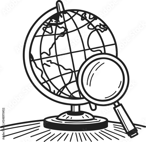 Exploration and discovery globe with magnifying glass illustration