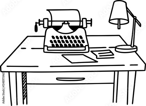 vintage typewriter on desk with lamp retro writing workspace, classic paper document layout