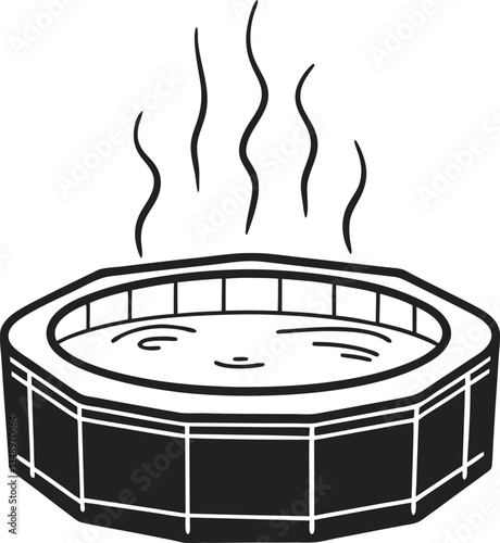 steaming hot tub in monochrome relaxation spa concept with steam rising, black and white illustration