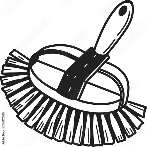 Black and white illustration of a handheld scrub brush with bristles and handle design