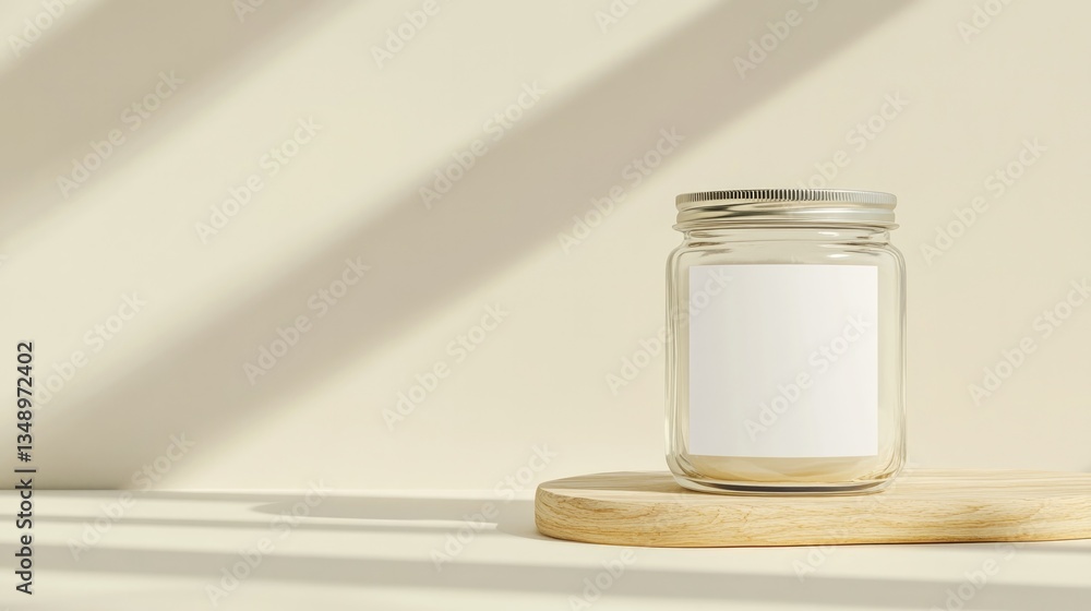 Glass jar with blank label sits on wooden board, illuminated by Glass jar with blank label sits on wooden board, illuminated by