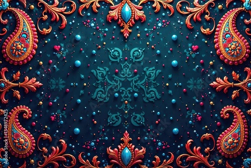 Intricate paisley pattern in rich jewel tones , red, illustration, seamless