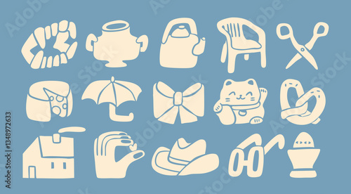 Set of Various white Doodle icons. Different elements. Teeth, pot, chair, scissors, cheese, maneki, pretzel, hat, umbrella, egg etc. Hand drawn trendy Vector illustration. All elements are isolated