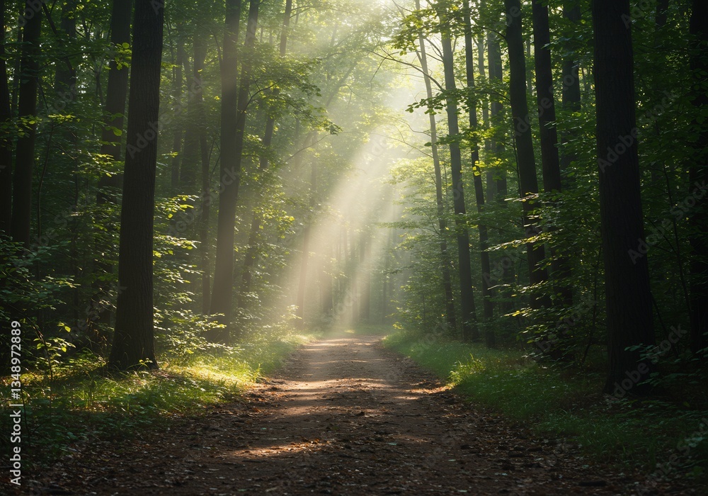 Naklejka premium Sunbeams illuminate misty forest path peaceful morning scene. AI Generated