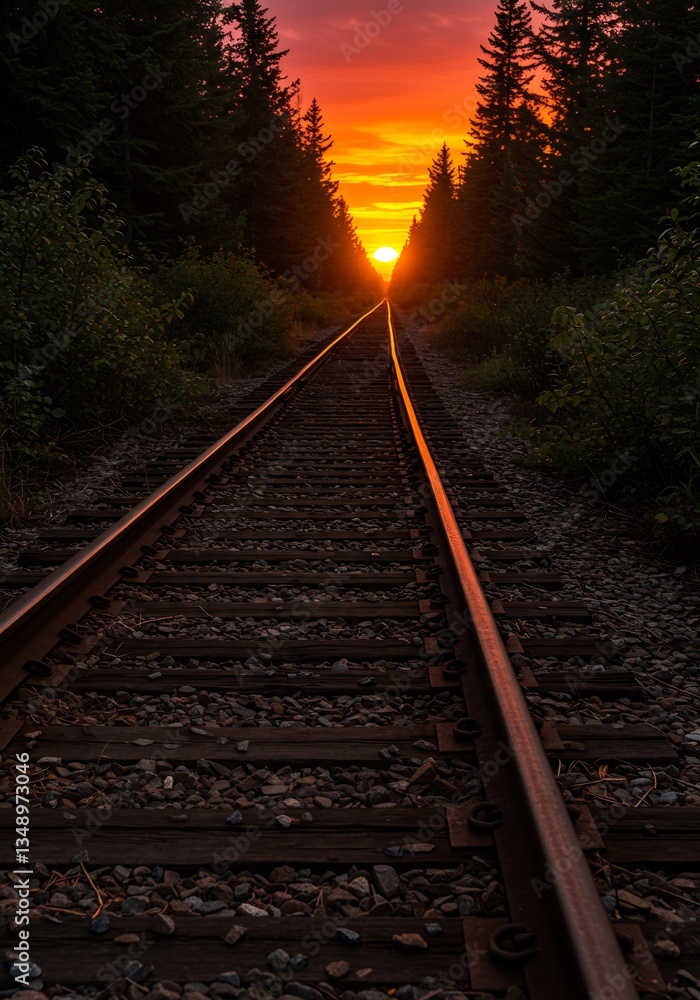 Fototapeta premium Sunset Railroad Tracks Warm Light. AI Generated