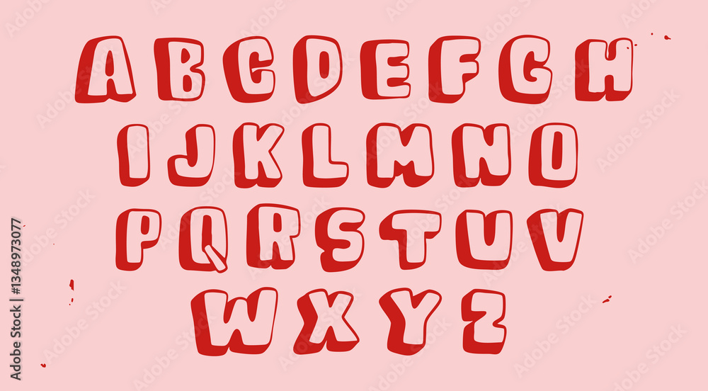 Volumetric red Font. Unique kids style modern Alphabet. Hand drawn trendy Vector illustration. Every letter is isolated. Typography, lettering, calligraphy concept