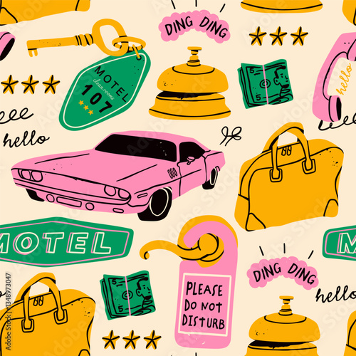 Various motel, hotel items set. Phone, ring bell, key, suitcase, cash, car, don't disturb room sign. Hand drawn Vector illustration. Tourist service, vacation concept. Square seamless Pattern
