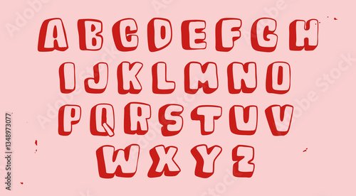 Volumetric red Font. Unique kids style modern Alphabet. Hand drawn trendy Vector illustration. Every letter is isolated. Typography, lettering, calligraphy concept