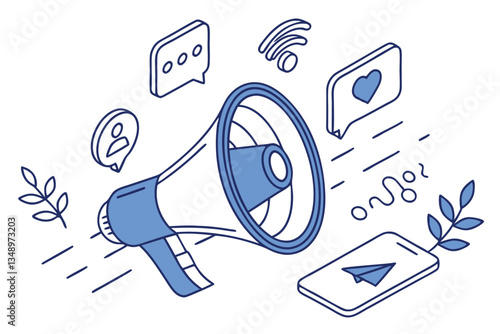 26 3D rendering, blue megaphone, speech bubbles, communication concept, vibrant colors, minimalist design, white background, cartoon style, sound waves, social media icons, marketing illustration, vec