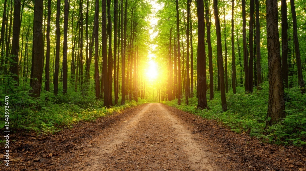 Obraz premium A serene forest path illuminated by sunlight, surrounded by lush greenery and tall trees, inviting tranquility and exploration.